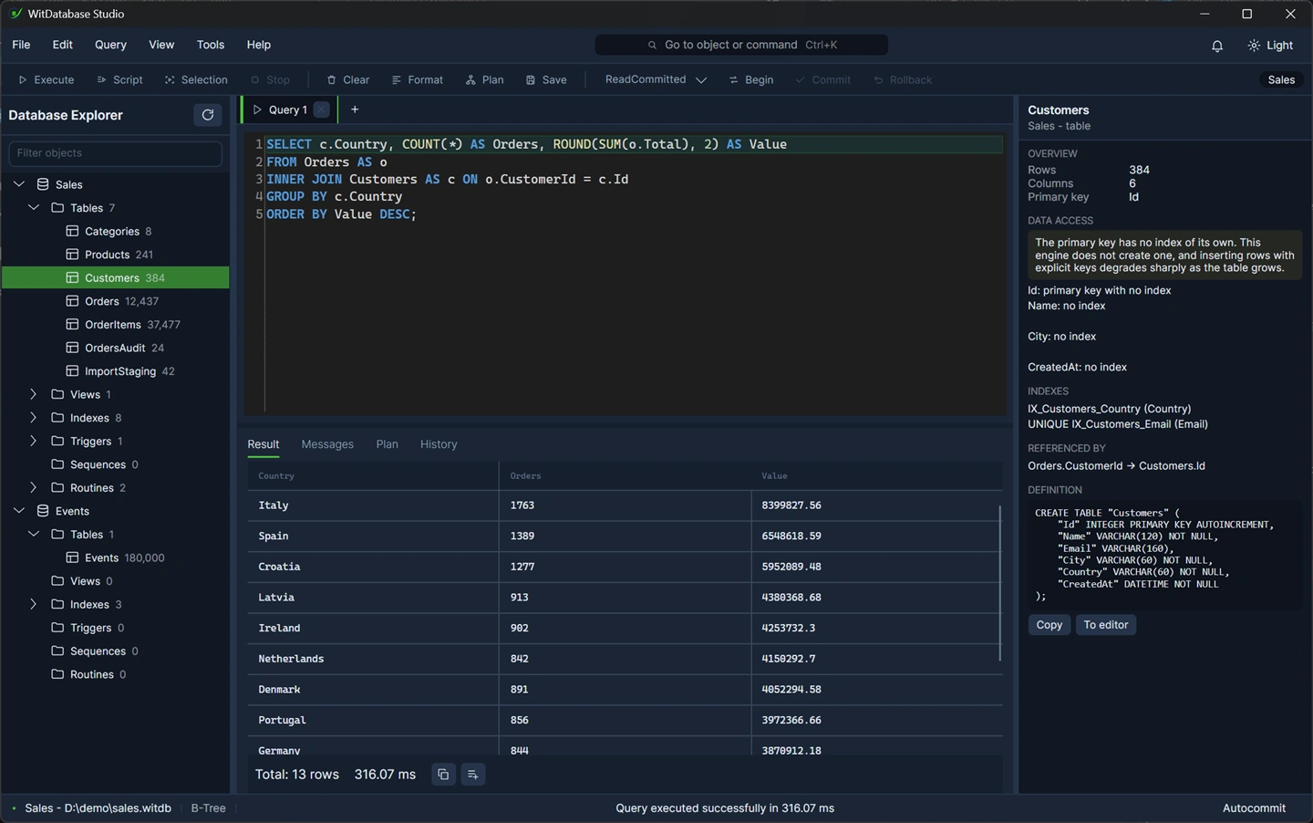 The whole window with two connections open and a query tab in front. Title bar with menu and palette, contextual toolbar, tree on the left, object inspector on the right, result panel below the editor, status bar. Dark theme.