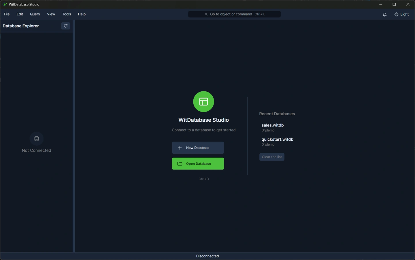 The welcome screen: recent databases, Create and Open.