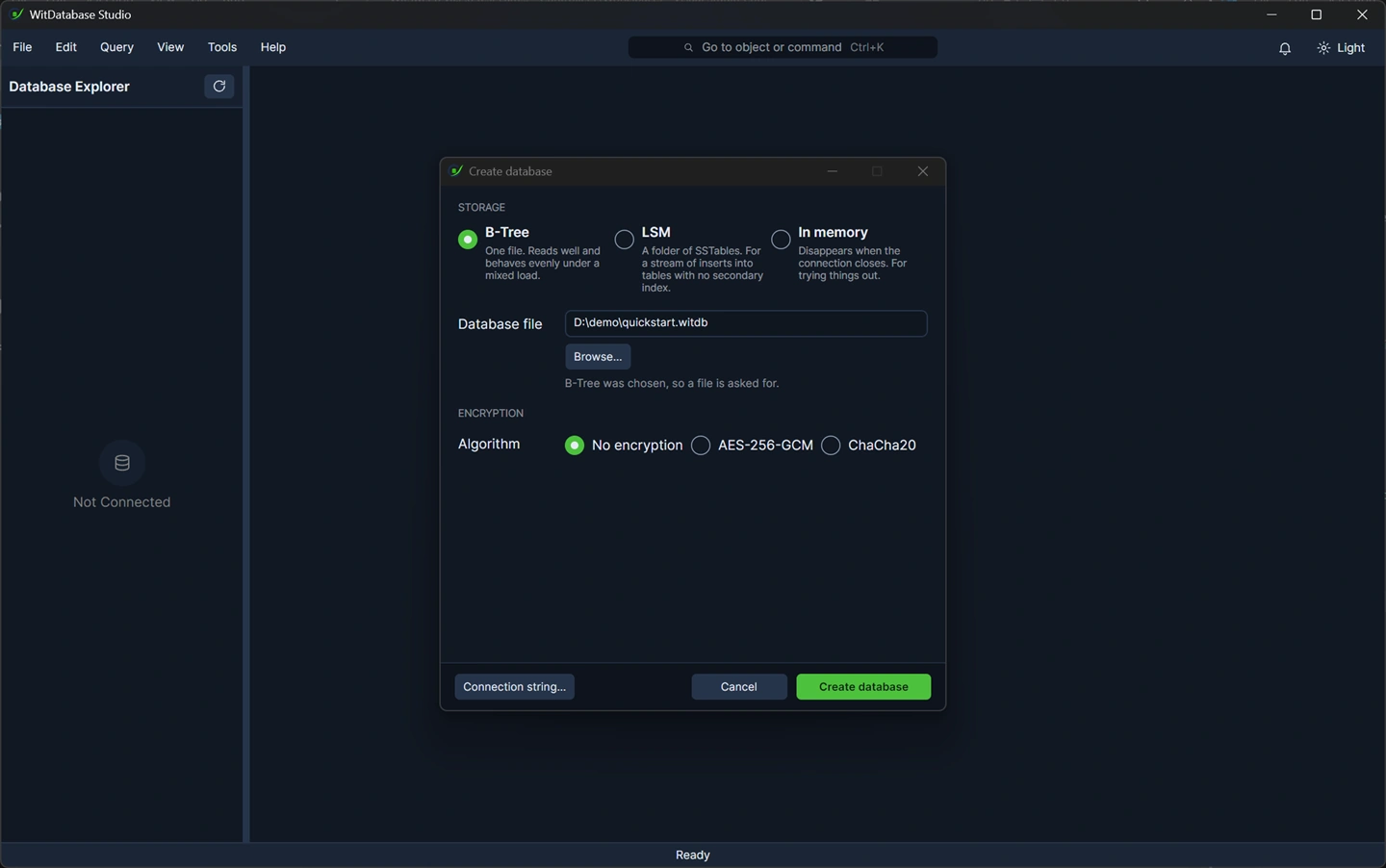 Create dialog: name and location, the three storage choices, encryption off.