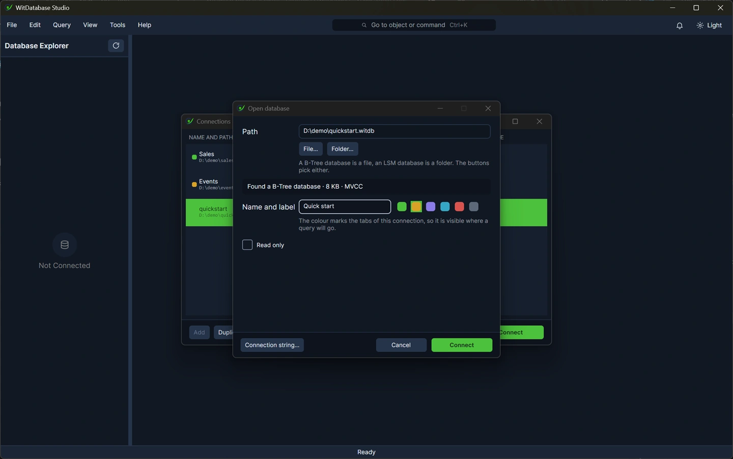 Connection properties: display name, label, colour picker.