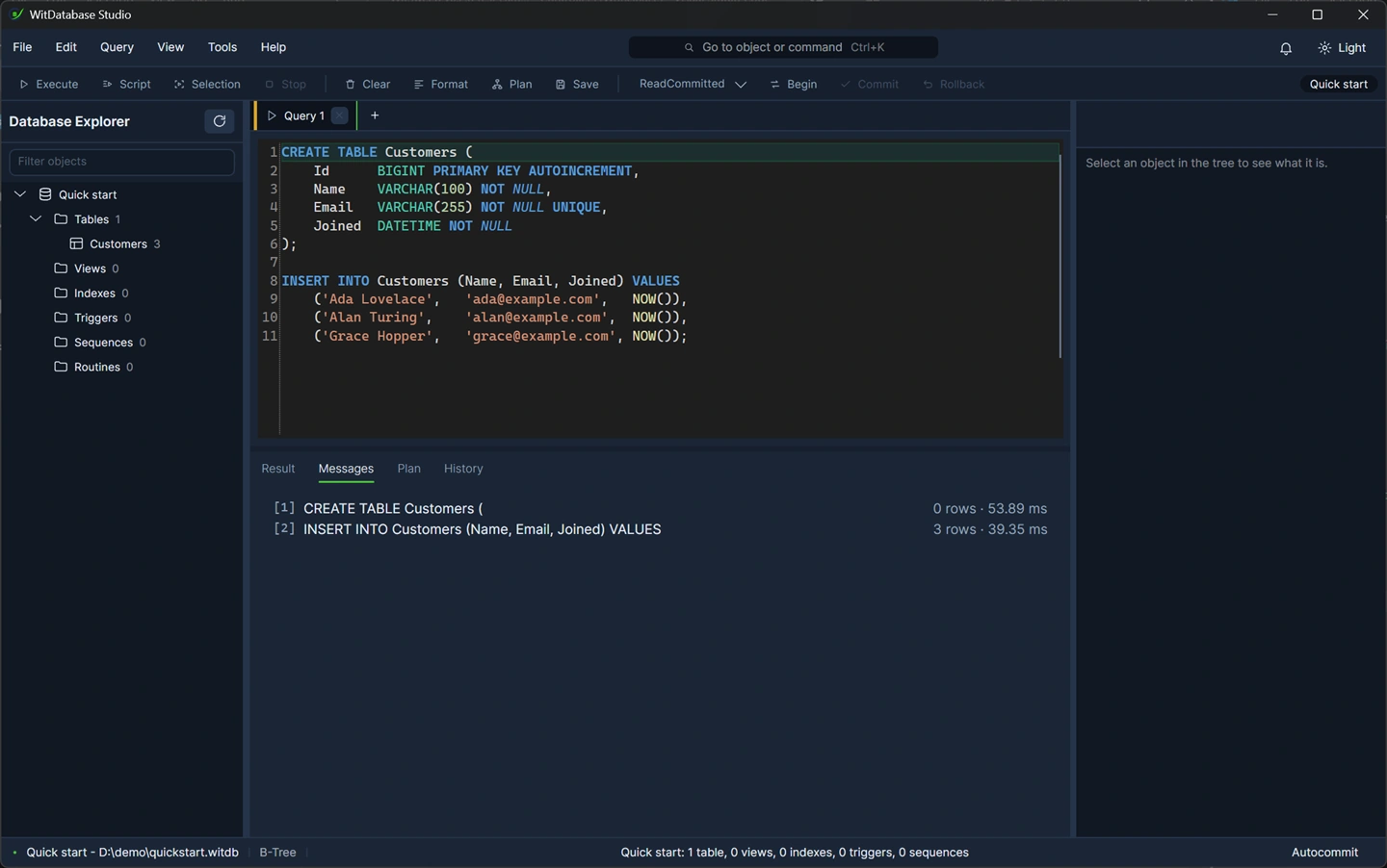 The query tab after running the script. The Messages panel shows a line per statement with what it did and how long it took.