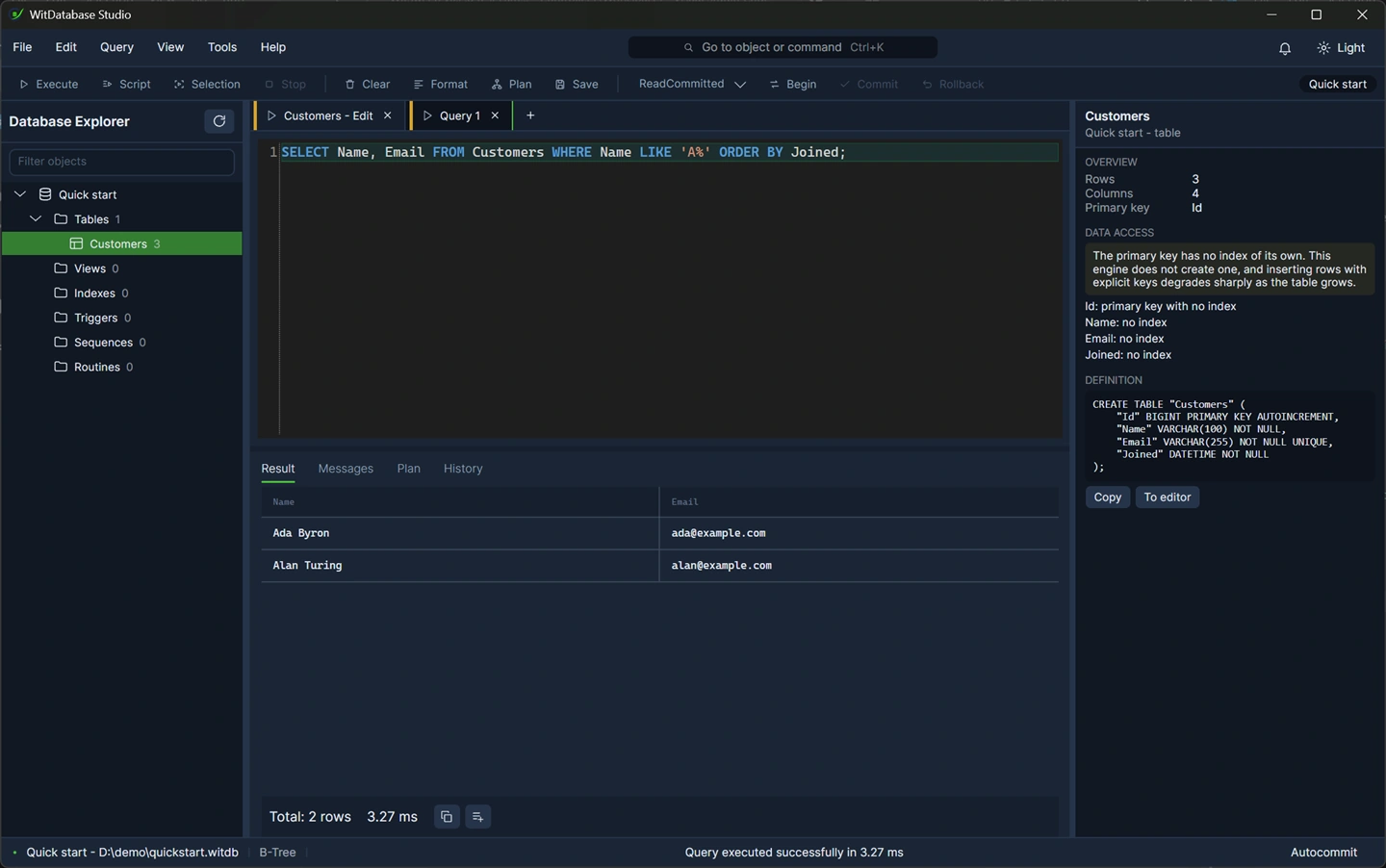 The Result panel with two rows, the row count and elapsed time in the footer bar.