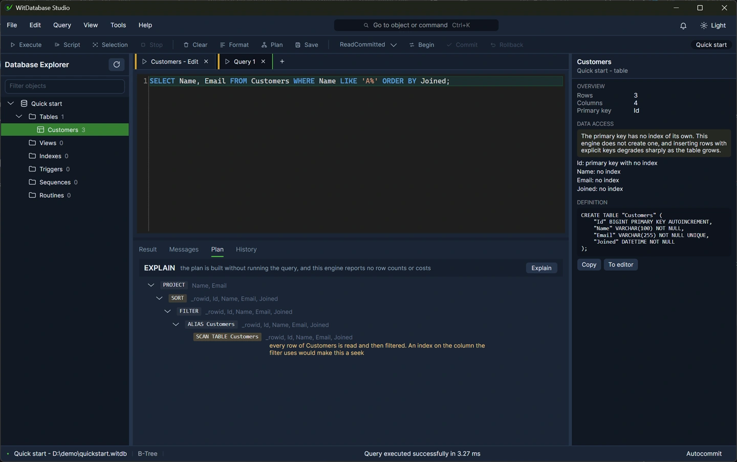The Plan panel for the query, with the note that the plan is built without running the query and that this engine reports no row counts or costs.