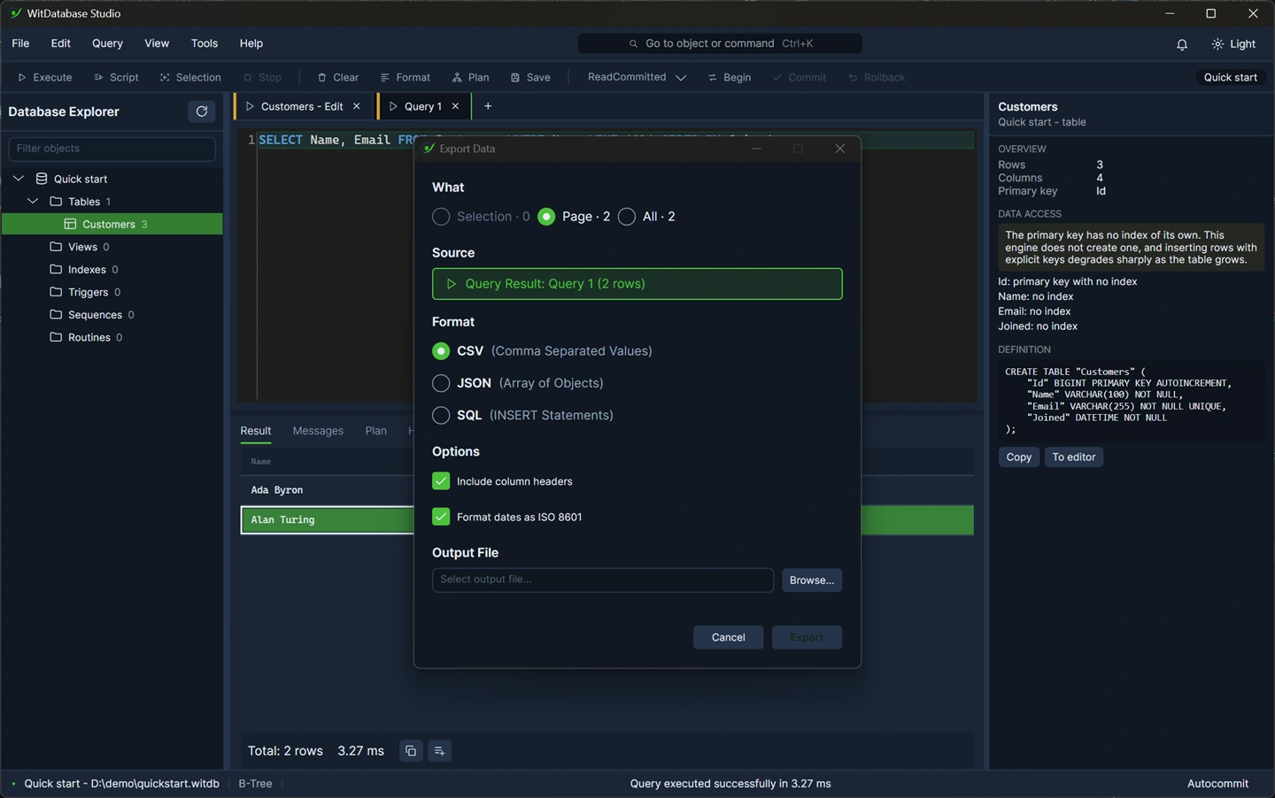 The export dialog: format CSV, JSON or SQL, and three scopes with their row counts.