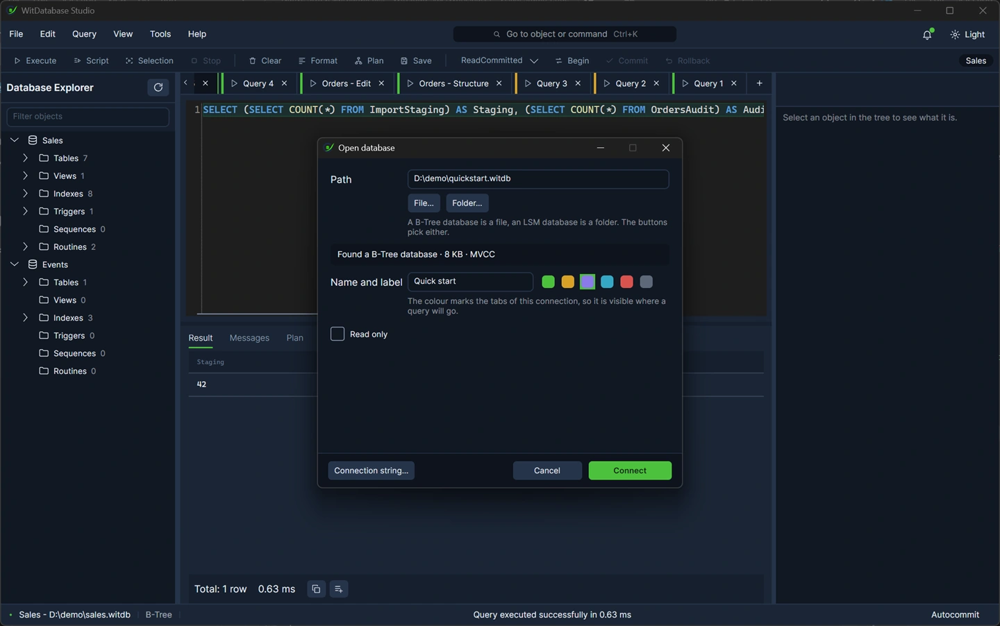 The open dialog with a path typed and the line under it reporting what was found in the file.