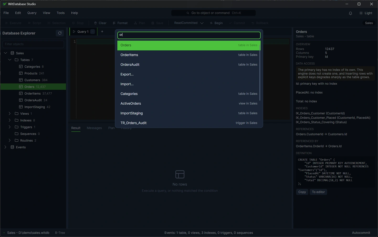 The command palette open, showing commands and objects together, each object labelled with its database.