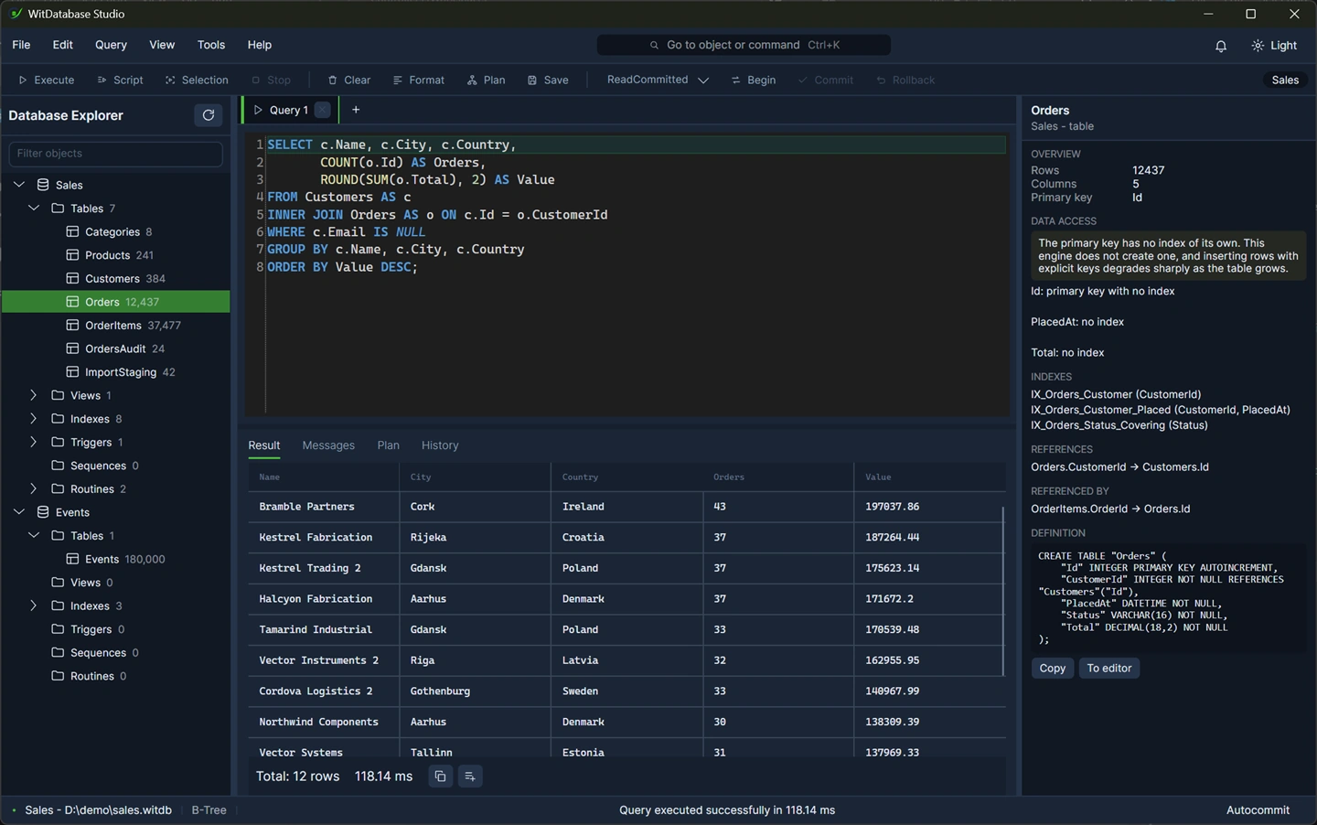 The Result panel with rows, the footer showing total rows and elapsed time.