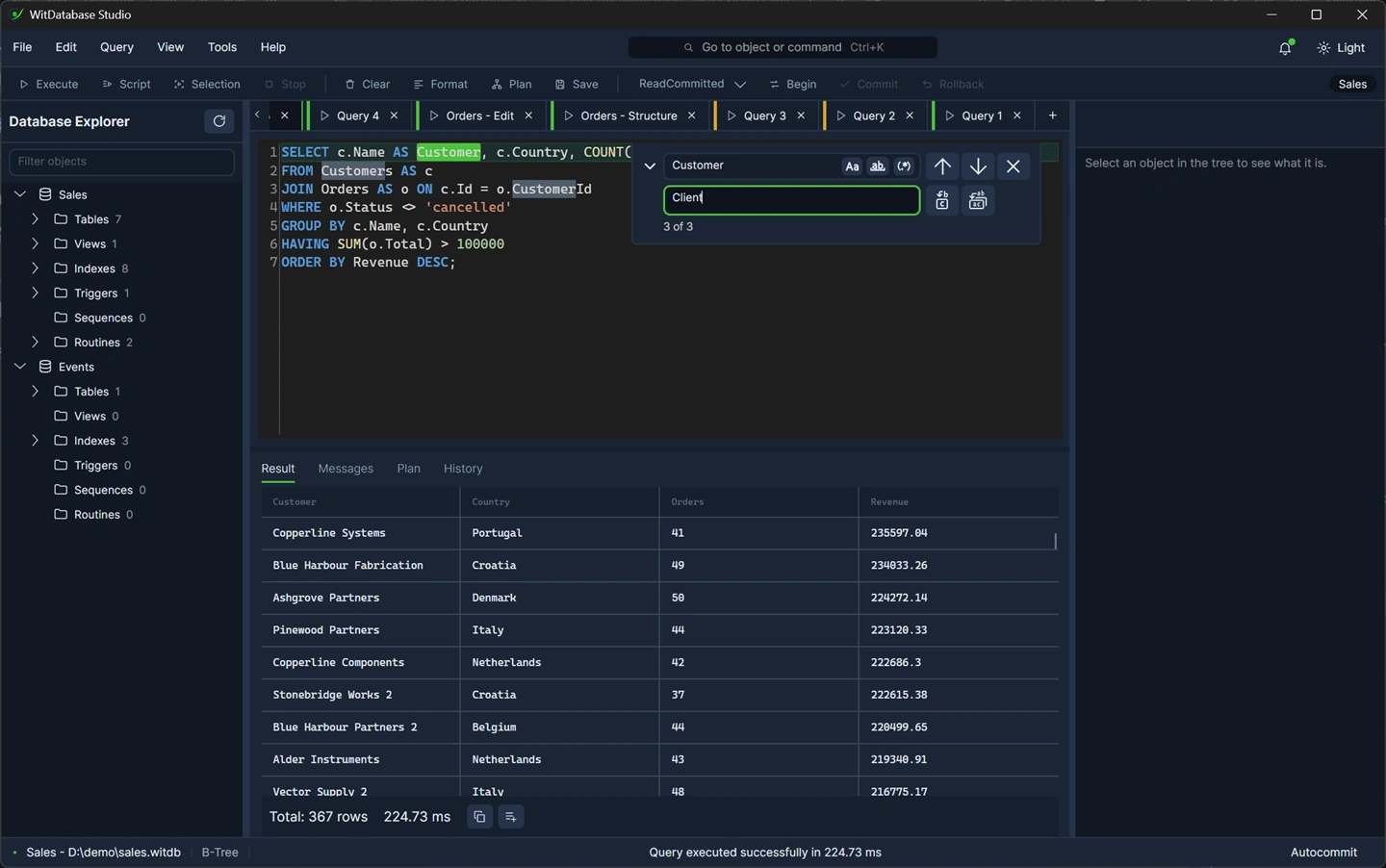 The find band open over the editor with a term, match count, and replace field.
