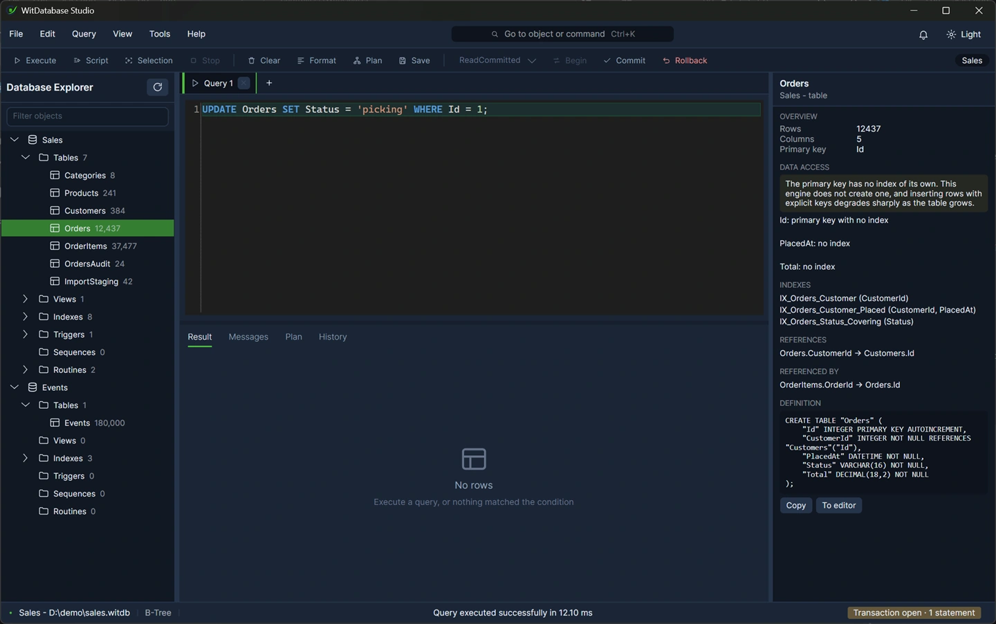 The toolbar with a transaction open: isolation level shown, Commit and Rollback available, the tab marked as holding uncommitted work.