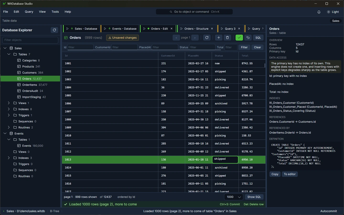 A cell being edited, the tab carrying its dot, the Unsaved changes badge beside the toolbar, and the hint bar showing the keys.