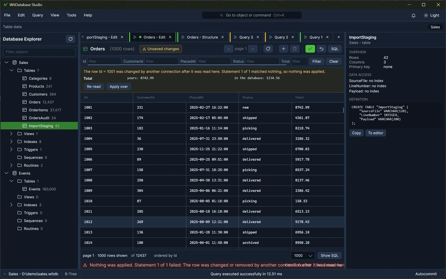 The conflict dialog: the value you typed beside the value now in the database, with a choice.