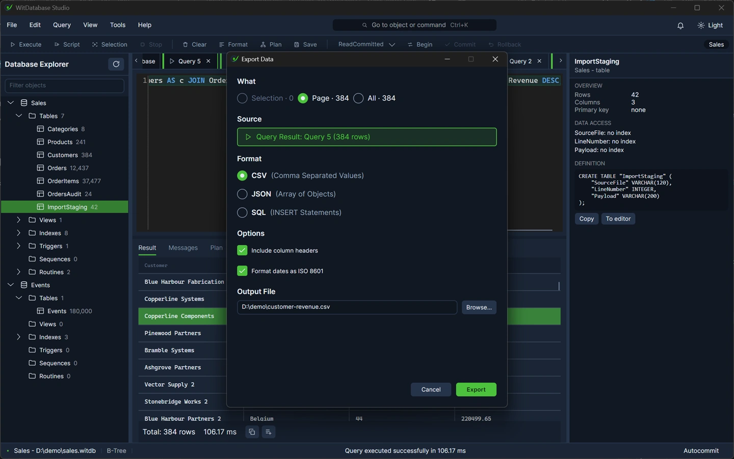 The export dialog: source, three formats, three scopes each with a row count, the options and the output path.