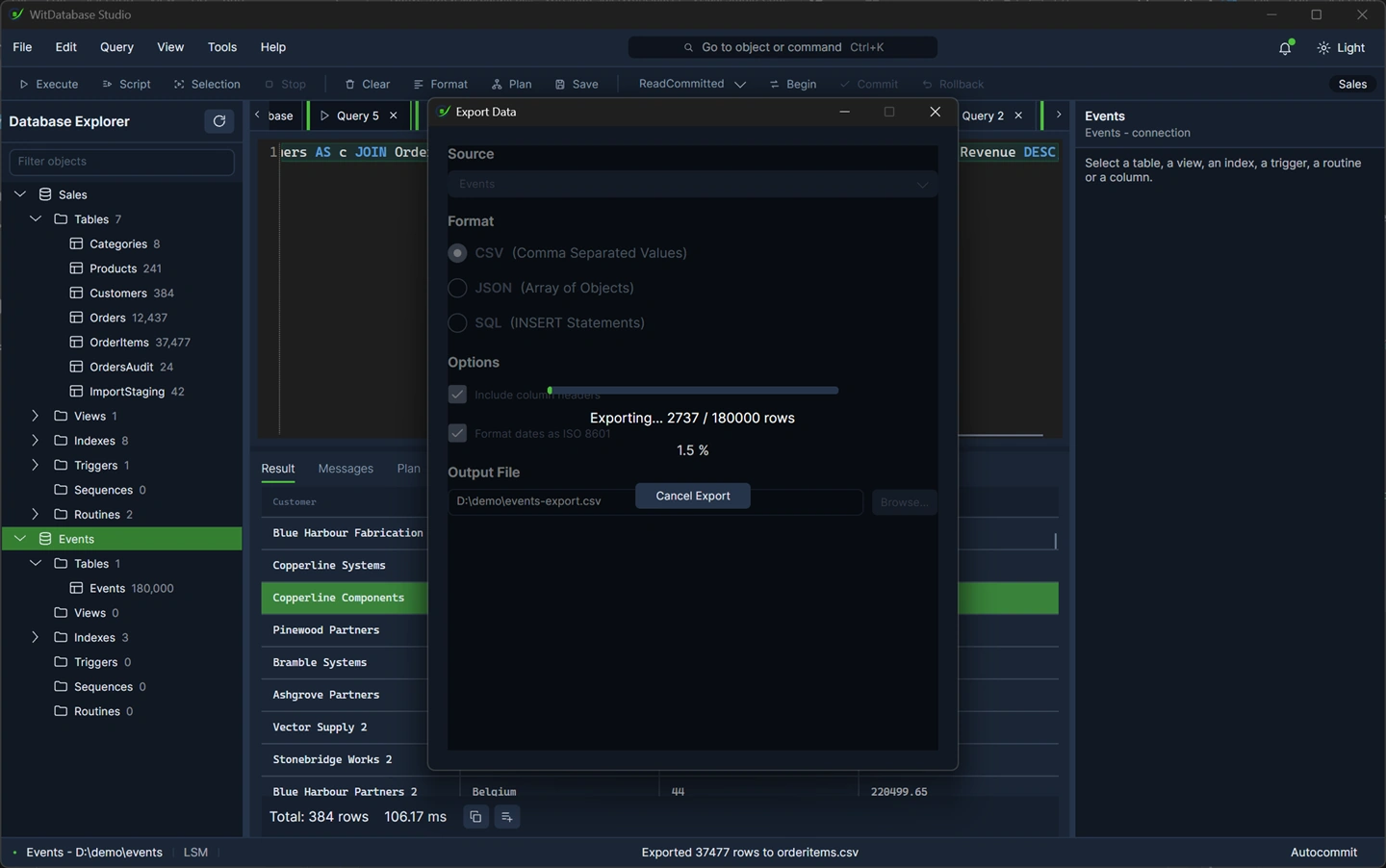 Export in progress: rows written against rows total, with the option to cancel.