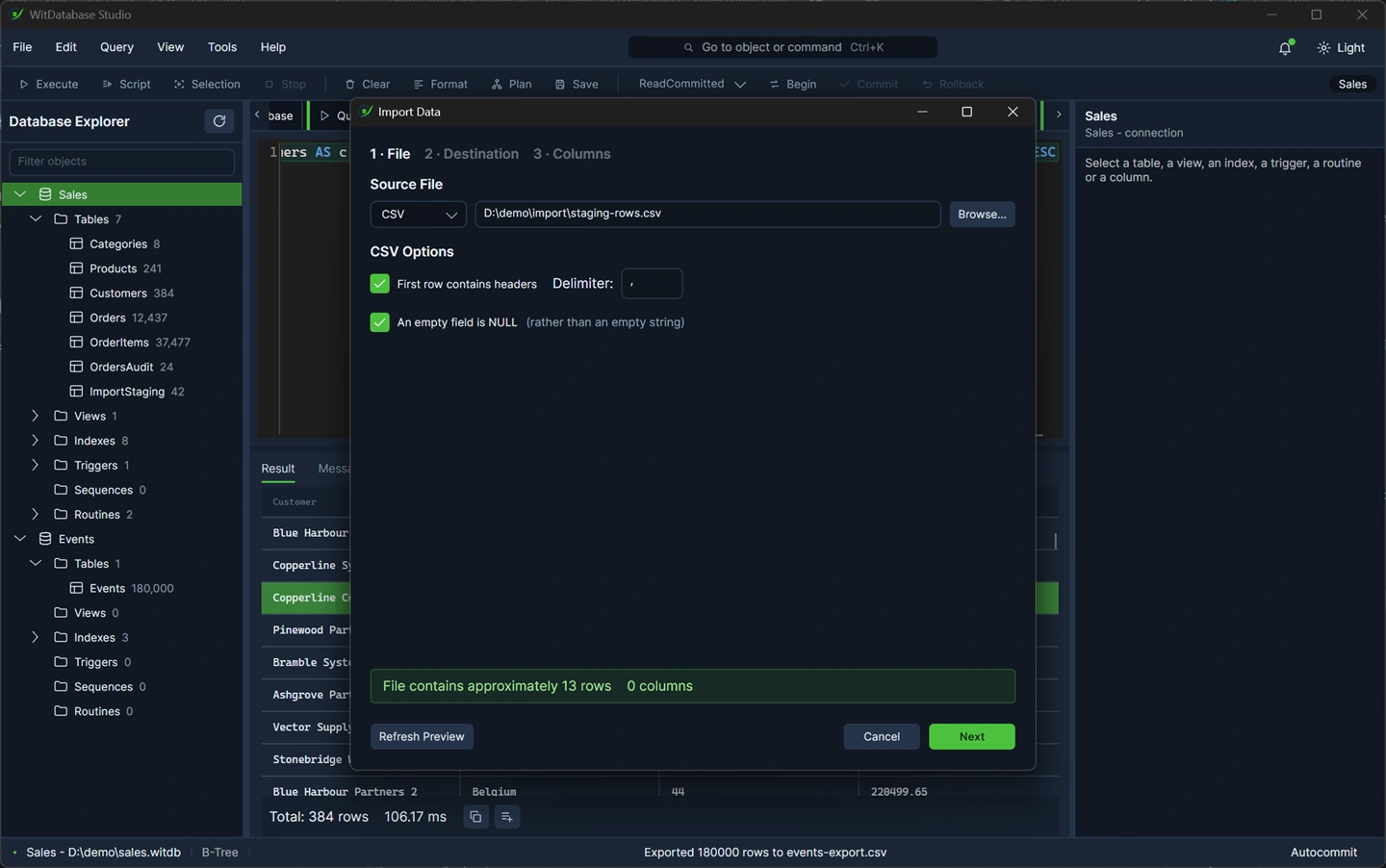 Import step 1: the source file, the CSV options, and the line reporting roughly how many rows the file holds.