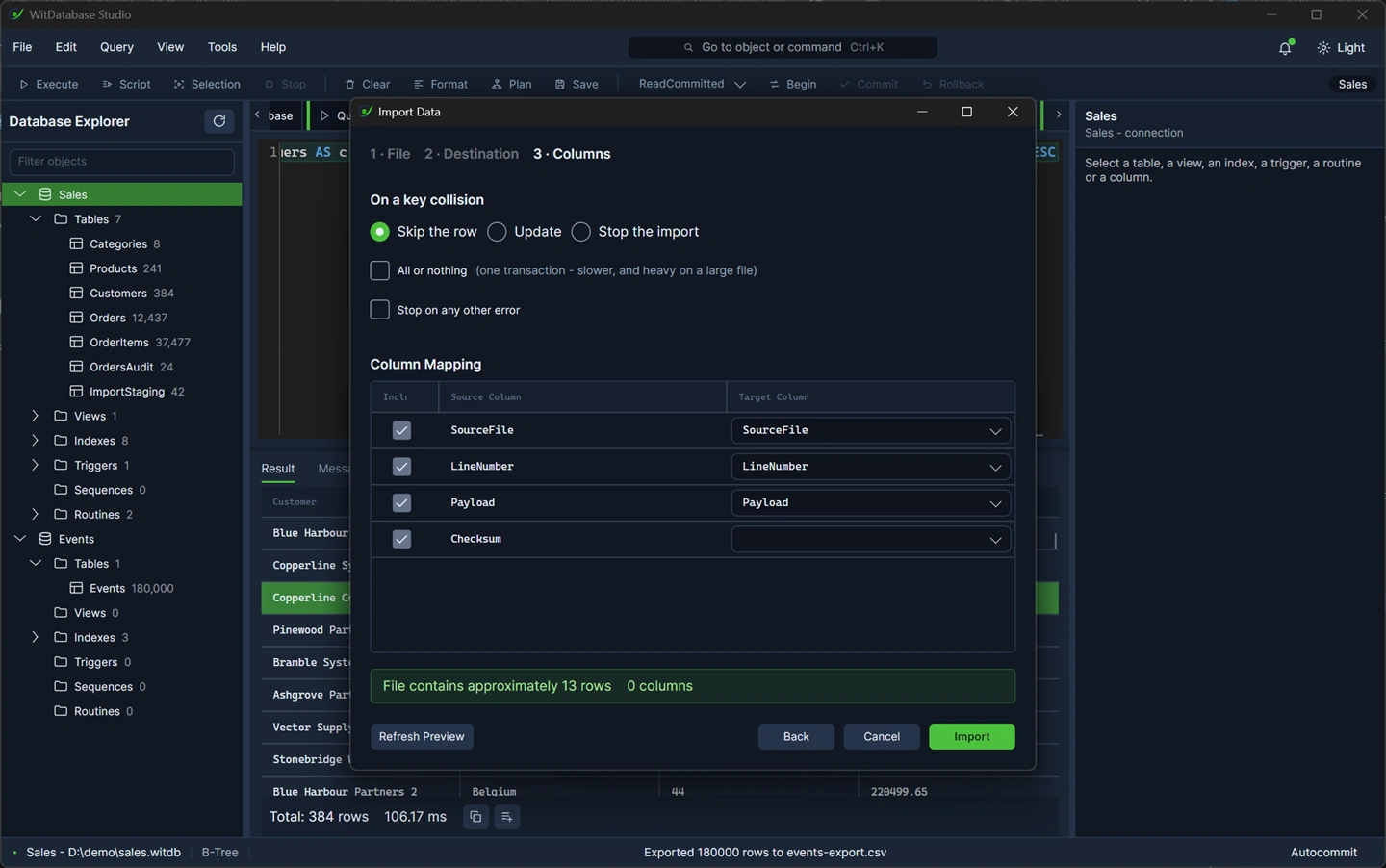 Import step 3: what to do about a key collision, and source columns mapped onto table columns with one left unmapped.