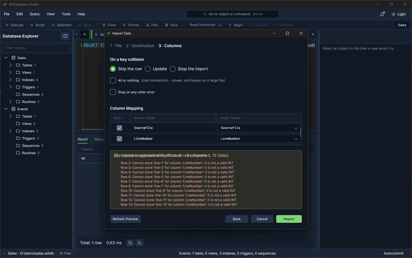 The import result: rows written, rows rejected, and the first ten refusals with the reason each failed.