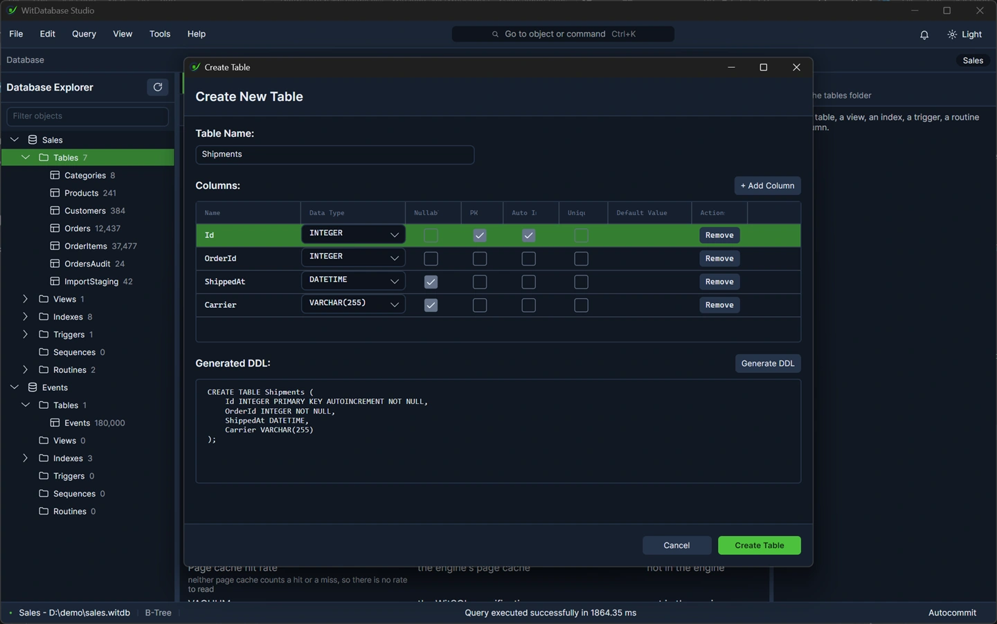 The create table dialog: a grid of columns with name, type, nullable, primary key, autoincrement, unique and default, and the generated DDL below it.