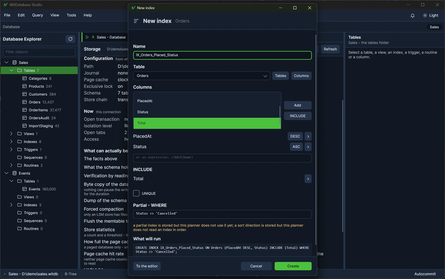 The create index dialog: unique, the key columns with sort directions, included columns, and a partial WHERE.