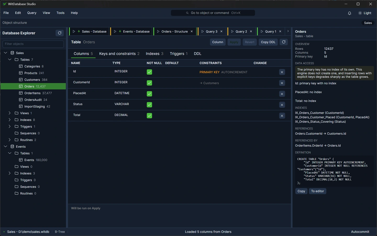The structure tab for a table: columns, indexes, constraints, triggers, and the CREATE statement.