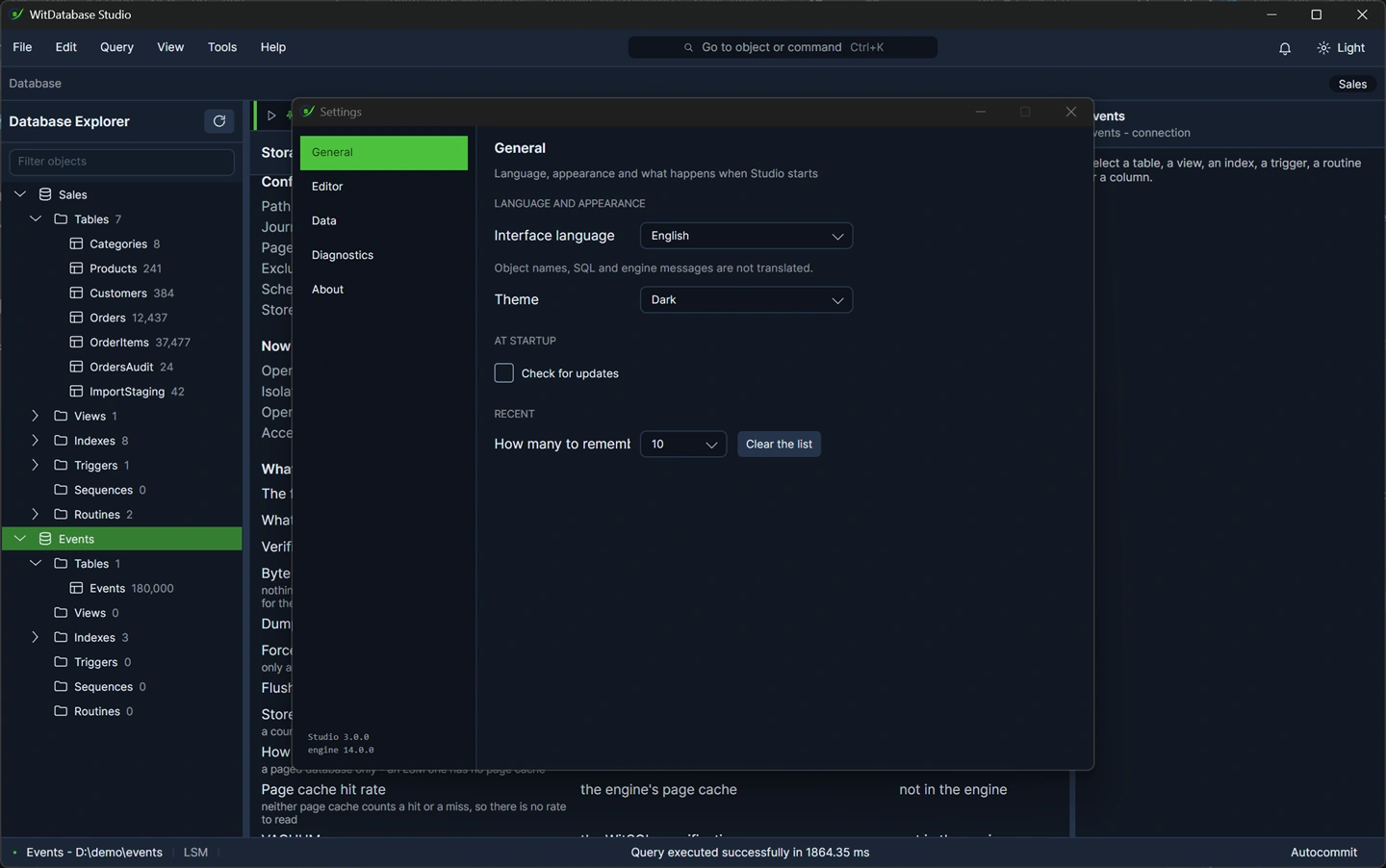 The settings window: sections on the left, the General panel on the right.