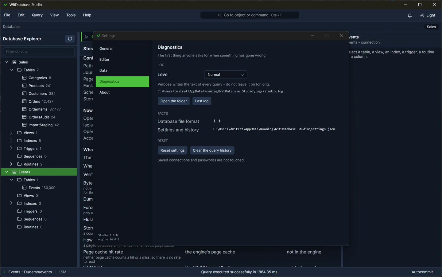 The diagnostics panel: the log level, the warning about what the detailed levels write, the log folder with a button to open it, and where the settings live.