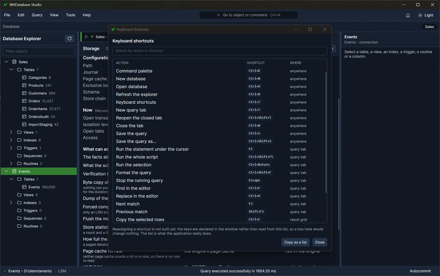 The keyboard reference window: the full map with a search over it, each row showing the action, the gesture and where it works.